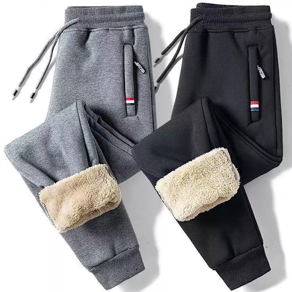 Mäns Joggingbyxor Fleecefodrade Vinter Casual Varma Termiska Byxor med Snörning i Midjan för Män Sweatpants med Fickor med Blixtlås Tjocka Spårbyxor grå L