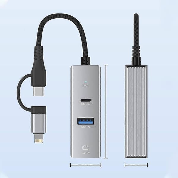 Type-C / 8-Pin til Type-C RJ45 USB-A HUB Udvidelseskonverter Silver