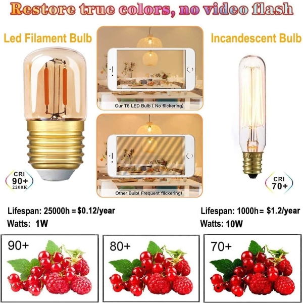 Mini Tubular Led-glödlampa, 1w T28 Edison Led Glödlampa E27 Skruvbas 2200k Supervarm vit glödlampa 80 Lm Ej dimbar (bärnstensfärgad glas)220v,6 Pack[en]