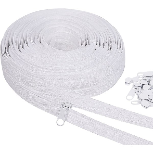 10 meter bulk blixtlås, (#3) blixtlås för sömnad, vit nylon spiralblixtlås per meter, ersättningsblixtlås för sömnad med 20 blixtlåsdragare för gör-det-själv-sömnad
