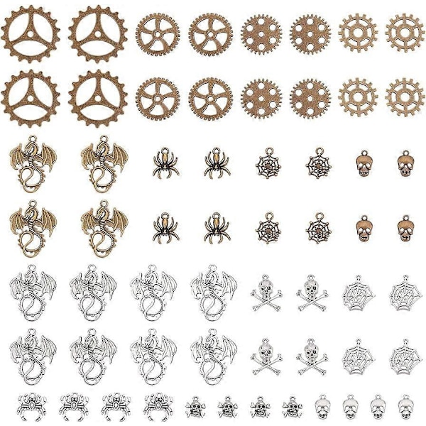 60 st Vintage-inspirerade Berlocker 15 Stilar Gotiska Hängsmycken Flygande Drakar Skalle Växlar Berlocker Tibetansk Legering Hängsmycken