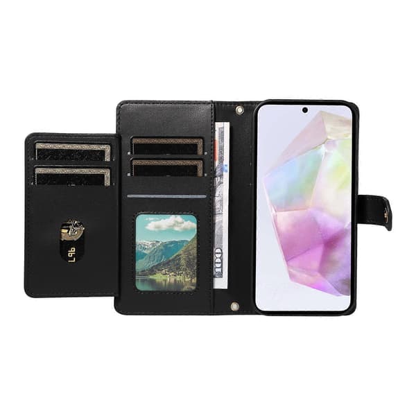 Kompatibelt plånboksfodral med remmar för Samsung Galaxy A35 5G, rombmönstrat läderställ Black