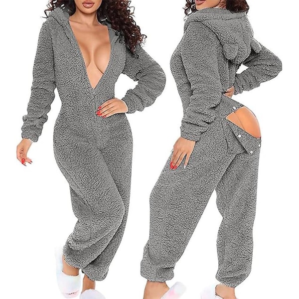 Kvinnors sexiga djup V-hals Bodycon Jumpsuit Pyjamas Långärmad Romper nattkläder Grey XL