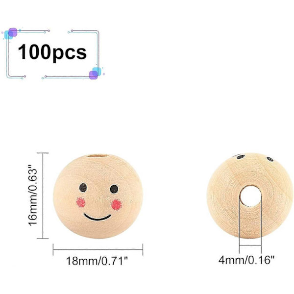 16mm Leende Ansikte Träpärlor 100st Runda Boll Träpärlor Dockhuvud Distanspärlor för Hantverk DIY Dekoration Smyckestillverkning