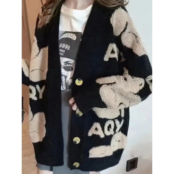 Björn & Brevmönster Knapp Fram Cardigan, Elegant Långärmad Sänkt Axel Ytterkläder, Damkläder