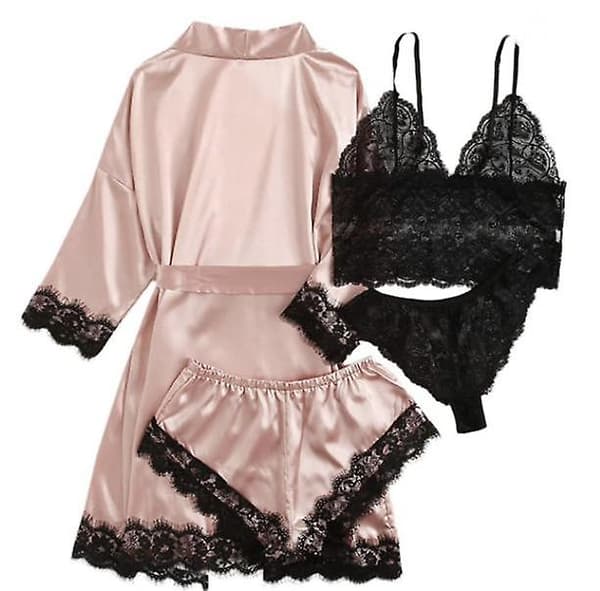 Dame 4-delt Pyjamas Satin Pyjamas Sett Med Morgenkåpe Pink XL