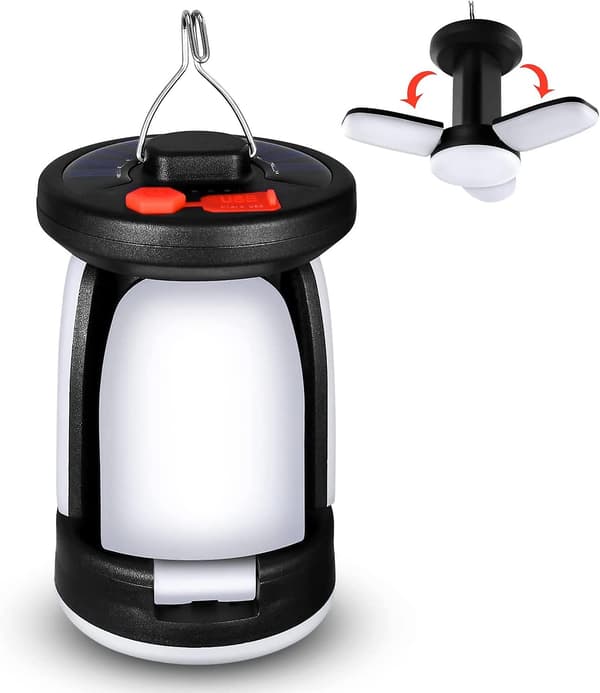 Solarlampe, Ultrastærkt LED-campinglys, 2 Justerbare Belysningstilstande, 5 Opladningsmetoder, Med Håndsving Dynamo, Lang Levetid til Camping