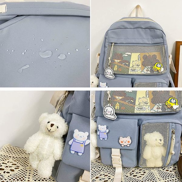 Kawaii Ryggsäck Med Söta Nål Tillbehör Plysch Hänge Kawaii Skolryggsäck Söt Estetisk Ryggsäck blue