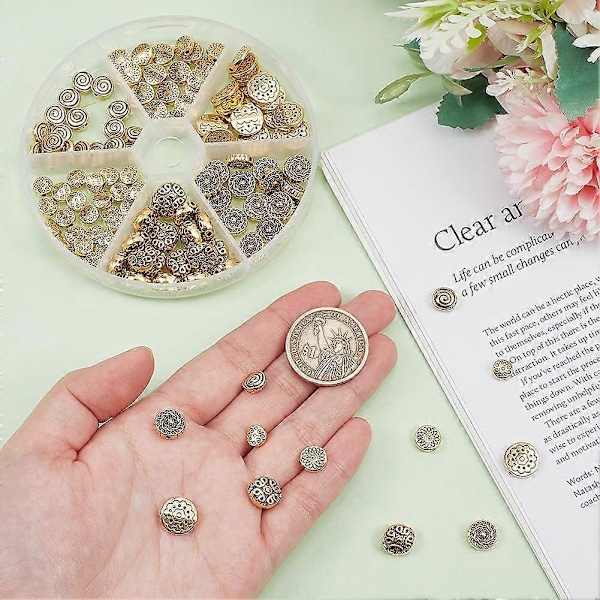 130 st Antik Gyllene Distanspärlor 6 Stilar Tibetanska Platta Runda Pärlor Smycken Distanshållare Metall Legering Rondelle Lösa Pärlor för Örhängen Armband Halsband