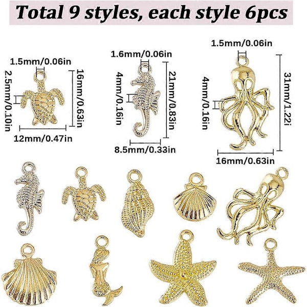 1 Æske 54 stk. 9 Forskellige Guldfarvede Hav-charms Ocean Charms Bulk Legering Skildpadde Søstjerne Søheste Havfruer Havdyr Konkylie Sommer Strand Charm til Smykkefremstilling