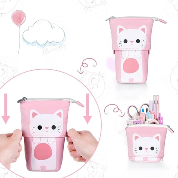 Stativ penholder, teleskopisk penalhus med kat penalhus Canvas penholder brevpapir makeup taske til studerende og kontorartikler pink