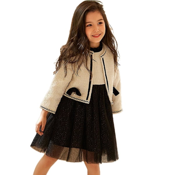 Kid Girl's Dress Suit 2-delad Elegant High Waist Gaze Dress Långärmad Kappa För 100 Black