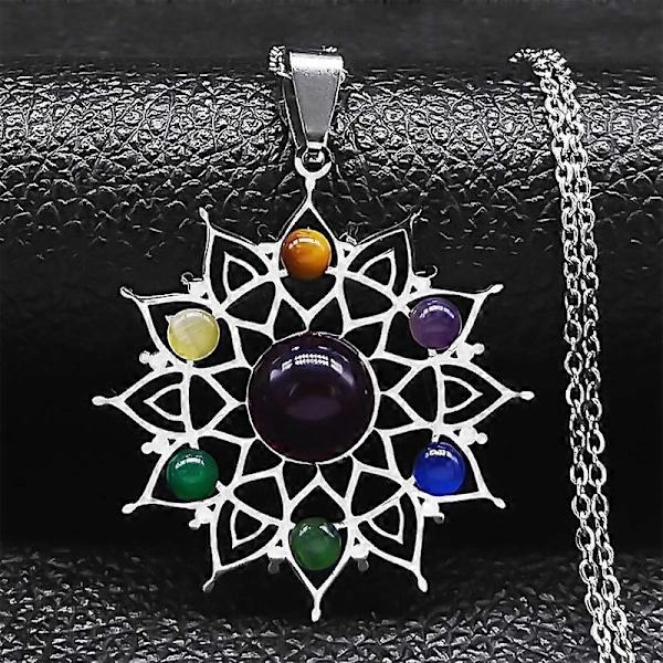 Helig Geometri 7 Chakra Metatron Hjärthalsband Livets Blomma Rostfritt Stål Opalsten Halsband Reiki Healing Smycken N1120S F 50CM O SR