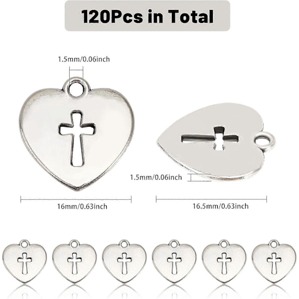 120 stk. Hjerte Kors Vedhæng Tibetansk Stil Legering Vedhæng Hjerte med Kors Charms Bulk til Bryllup Valentinsdag Smykkefremstilling Antik Sølv 0,6x0.