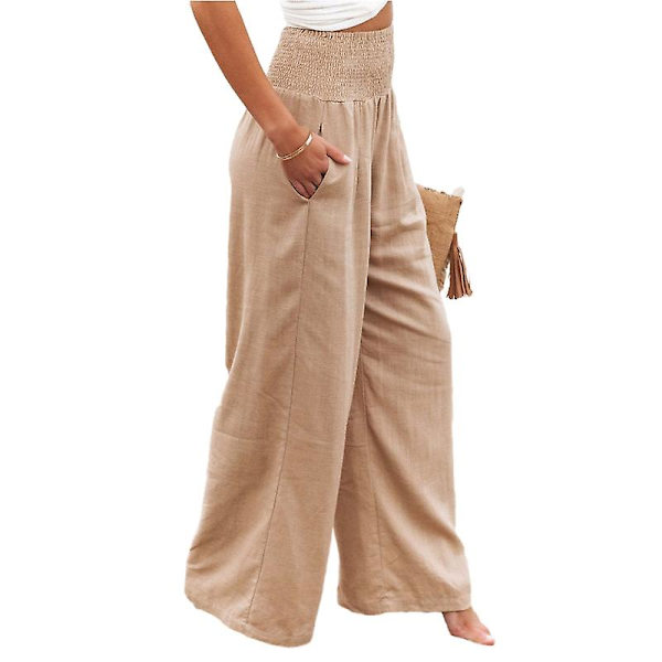 Dame Linned Boho Bred Ben Høj Talje Afslappede Bukser Khaki M