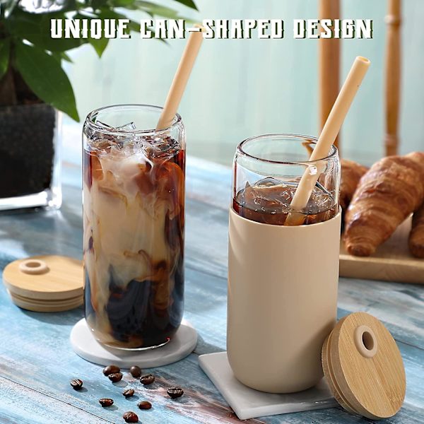 20oz Glas Vand Tumbler Med Silikone Beskyttelsesærme - Øldåseformede Glas Kopper Med Sugerør Og Bambuslåg, Iced Coffee Glas, Sød Drikke Gl