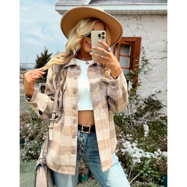 Landlig Plaid Skjorte 2023 Efterår Og Vinter Cardigan Lang Frakke Top Dame Mode Løs khaki XL