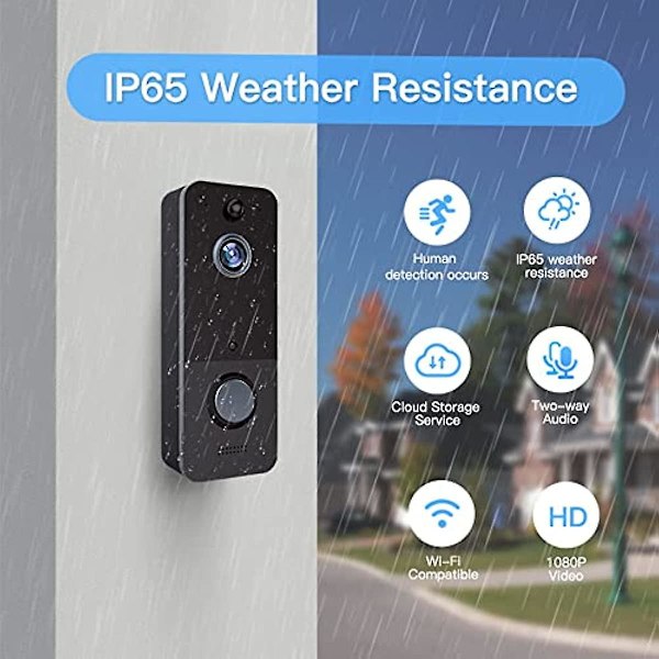 Trådlös wifi-videodörrklocka med inomhusklocka, IP65 vattentät smart dörrklocka med rörelsedetektor, 1080 HD-video, nattseende, molnlagring, 2-w