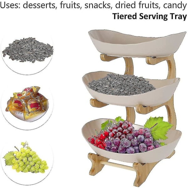 3-delad fruktskål i trä med plastbrickor, snacks och nötförvaringskorg, hållare för inomhuskök, vardagsrumsdekoration, underhållning Beige