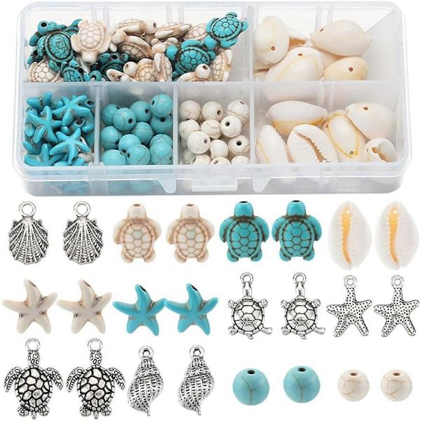 1 Ask 170 st Sköldpadds Pärlor Boho Stil Sötvattenspärlor Bulk Blå Vit Syntetisk Turkos Havssköldpaddor Pärlor Charms Hawaii Skal Pärla Rund Lös Distans B