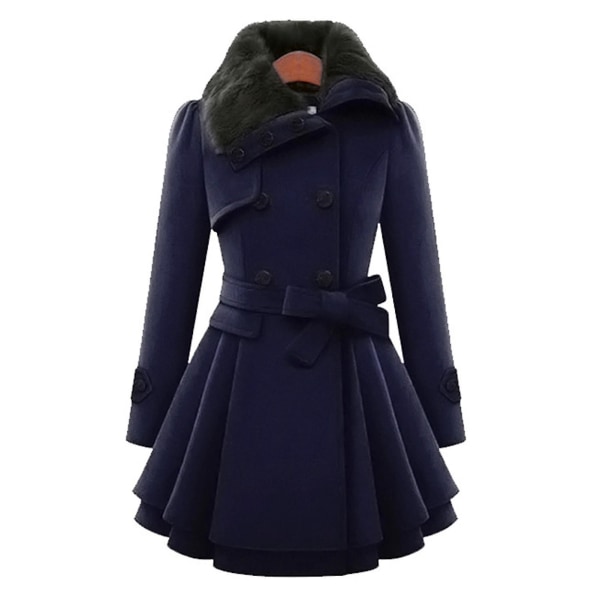 Dam dubbelknäppt vinterjacka vintage mode trenchcoat enfärgad 3XL Navy Blue