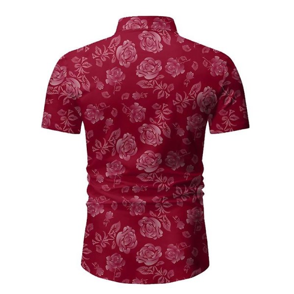 Herr blomma bomull Button Down kortärmad Hawaii skjorta Red L