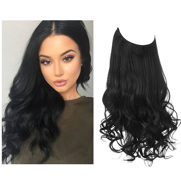 1 stk. Lang Krøllete Bølgete, Hår Parykk Extensions Justerbar Lang Bølgete Hårforlengelse Syntetisk Parykk Oppgradering i Hårdeler Usynlig Tråd Svarte Hår Extensions 1B 18inch