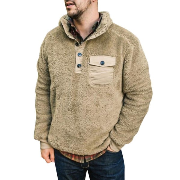 Herre Sweater, Varm Fleecejakke med Teddy Fleece Foring Khaki M