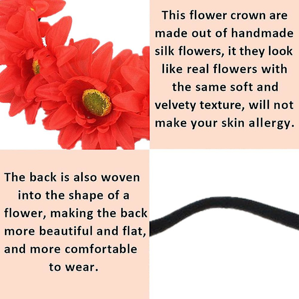 2-pack solroskrona Boho-krona solroshuvudband blomma håraccessoar (regnbåge) Red*Yellow