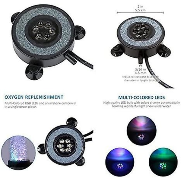 Upotettava akvaariovalo, automaattinen värinvaihto, 6 LED-valoa värikkäillä valoilla ja kuplilla (5,5 cm, 1,2 W)