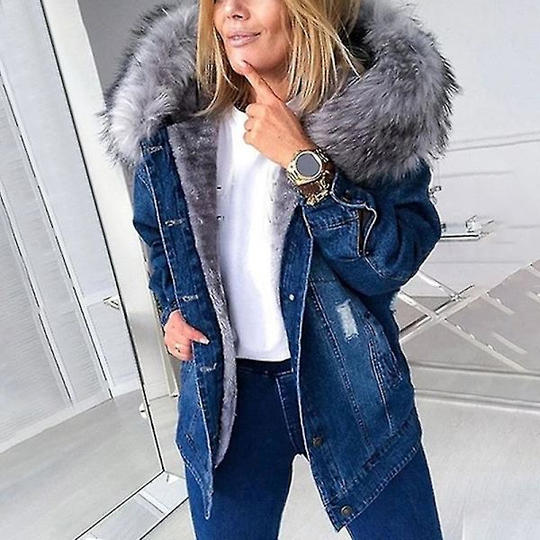 Stilig Parka Retro Plysjkrage Denimjakker Mote Fleeceforet Varm Mellomlang 4XL Gray