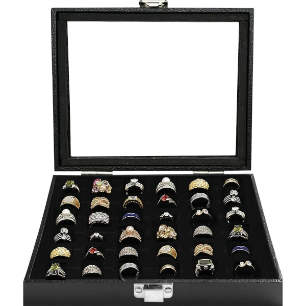 Ring Smyckeskrin Organizer Box, 36 Fack Ringar Display Förvaringsfodral Örhänge Showcase - Svart Sammet Smyckesställ Hållare Bricka Med Transparent Glaslock -