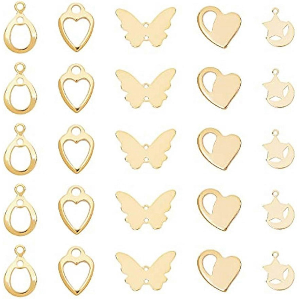40 stk. Stjerne med Måne/Hjerte/Sommerfugl/Dråbe Charm Hypoallergeniske Link Charms Rustfrit Stål Vedhæng Gyldne Charms