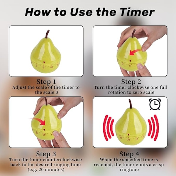 Päron kökstimer 60 minuter tillagningstimer, kökstimer larm, mekanisk timer för kök, klassrum, badrum, lärare