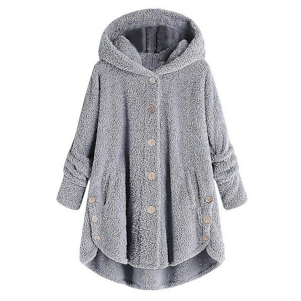 Kvinnors vintervarma fluffiga överrock knappjacka toppar lös huva ytterkläder 2XL C