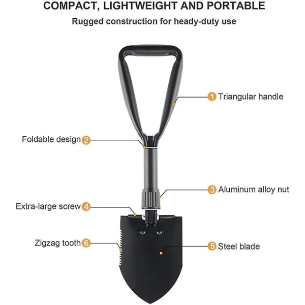 58,5 cm multifunktionsspade, stor hopfällbar spade, campingspade, svart