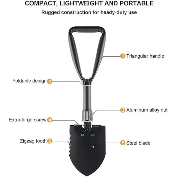 58.5cm Multifunksjonell Spade, stor sammenleggbar, camping spade, svart
