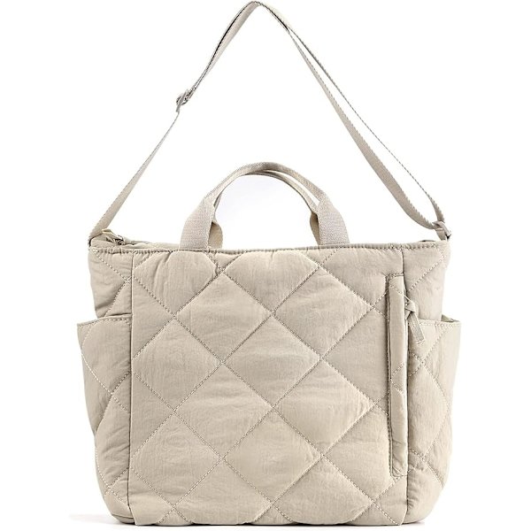 quiltad tygväska för kvinnor pufferväskor handväska lätt quiltad handväska stor kapacitet quiltad väska med dragkedja vadderad crossbody-väska beige