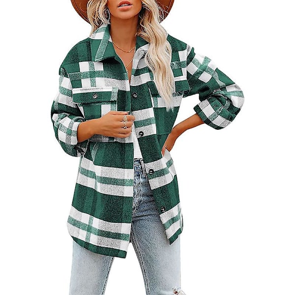 Dame Casual Plaid Langærmet Skjorte, Flannel Shacket Skjortejakker Green S