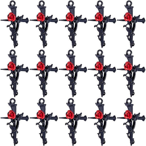 1 Ask 30 st Roskors Charm Gotisk Stil Svarta Kors Röda Rosblommor Pärlor Påsk Kors Charm Tistel Taggar Fina Korsfäste Charms för Smyckestillverkning