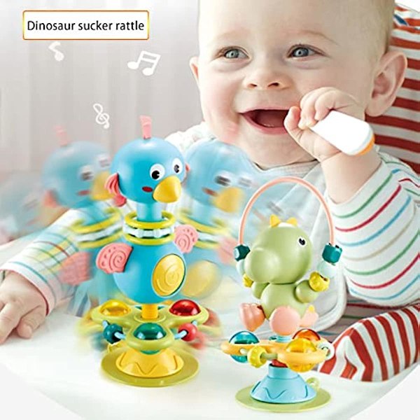 Jinglande baby skaller - Unik dinosaurieform baby skaller med sugkoppar och vridande sugkopp - Hög barnstol leksak för tidig inlärning - Nyfödd presentleksak