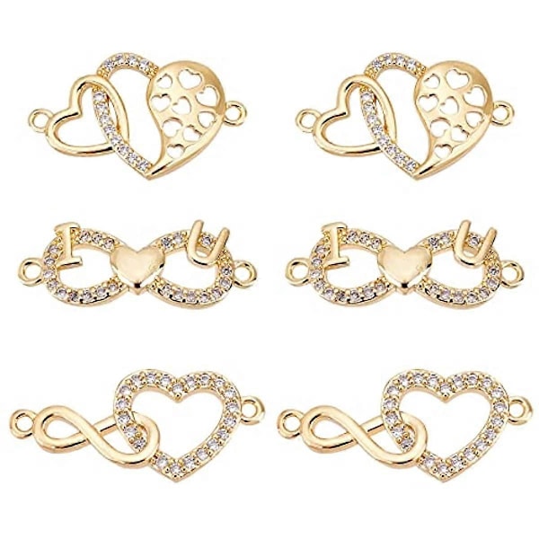 6 stk. Zirconia Hjerte Vedhæng Charms Infinity Cubic Zirconia Charm Link med Klar Krystal Sten Hjerte Messing Charm Guldbelagte Charms Links til Smykker