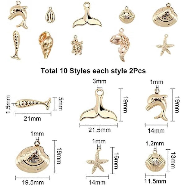 1 Æske 20 stk. 10 Stilarter Ægte 18K Guldbelagte Ocean Tema Charms Havdyr Vedhæng Skal Søstjerne Delfin Fisk Skildpadde Dangles Bulk til DIY Ørering Ne