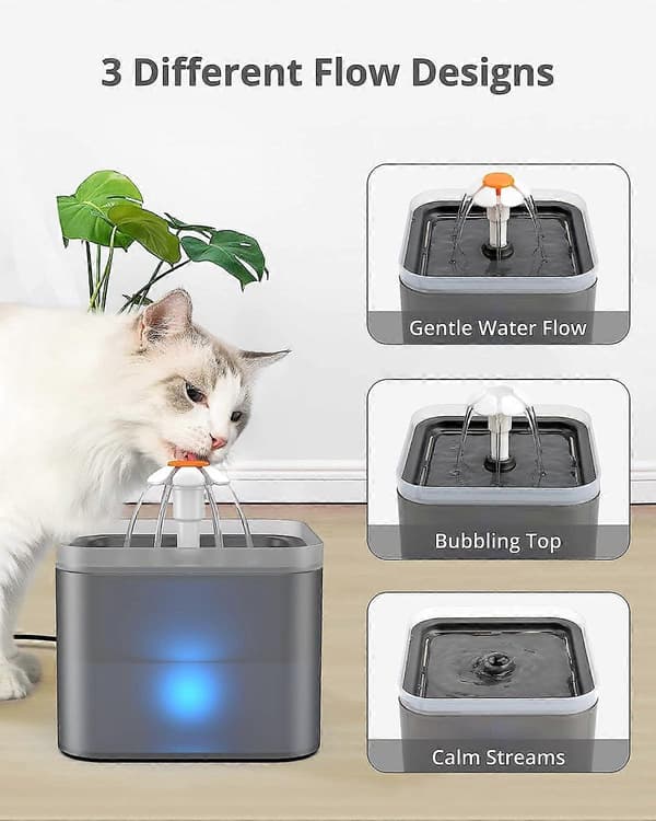 Katt- och hundvattenfontän 2L, grå, tyst kattvattendispenser med utbytbart filter