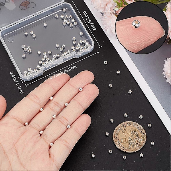 1 Ask 100 st 3mm Distanspärlor Sterling Silver Slät Rund Stort Hål Lösa Kulor Pärlor