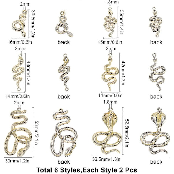 12 st Alloy Snake Charms Metalldjur Kobra Orm Mönster Berlocker Länkar Kopplingar med Hål för Smyckestillverkning
