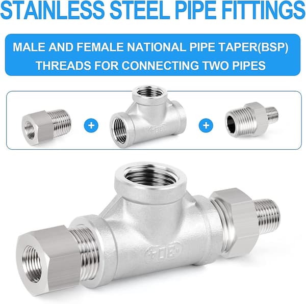 2 Stykker Rustfrit Stål T-rørfittings, 3/4\" Bsp Hun Rørfittings