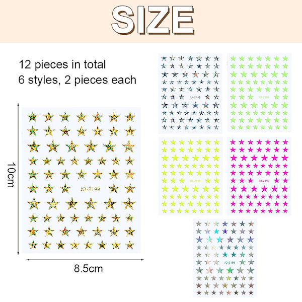 12 ark stjärnformade nagelkonstdekaler självhäftande stjärndekaler manikyrtillbehör, 6 färger, 9,5*8,5 cm Style 2