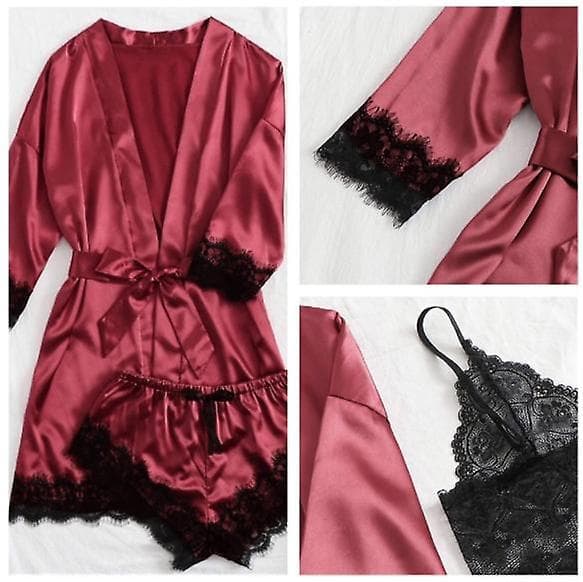 Dame 4-delt Pyjamas Satin Pyjamassæt med Morgenkåbe Red S