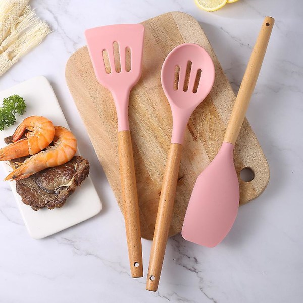 Non-stick kjøkkenredskapssett i silikon med naturlig akasie hardtrehåndtak, BPA-fritt, for baking og matlaging Pink